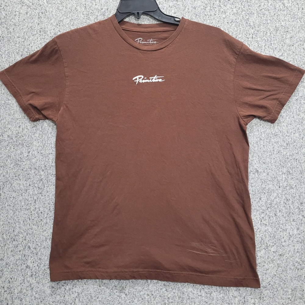 Primitive Skateboarding Mens Large Brown Script Logo  T-Shirt Short Sleeve
